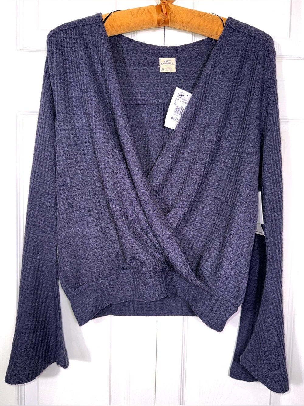 O'Neill Grey-blue Cayenne waffle knit wrap sweater with flared sleeves size S - Picture 2 of 13